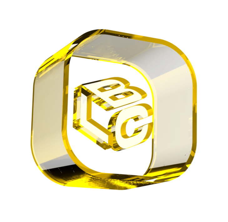 Cubo 3D com letras ABC em dourado translúcido