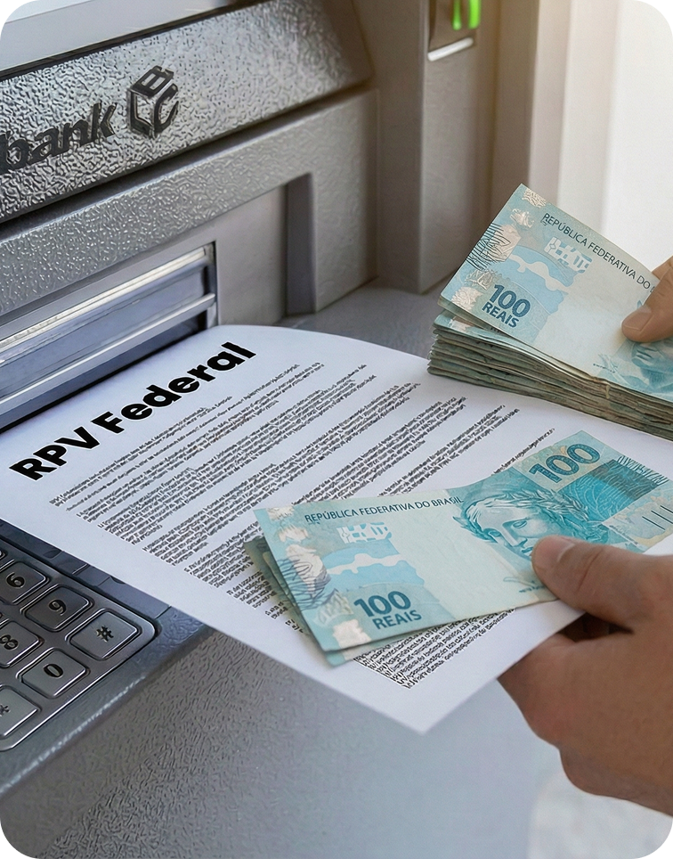 Mão com notas de R$100 e documento RPV Federal em caixa eletrônico.