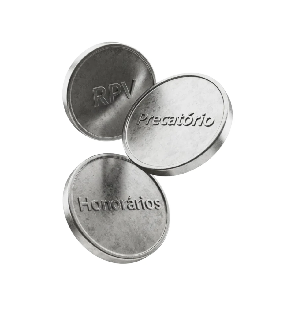 Moedas metálicas com os dizeres RPV, Precatório e Honorários.